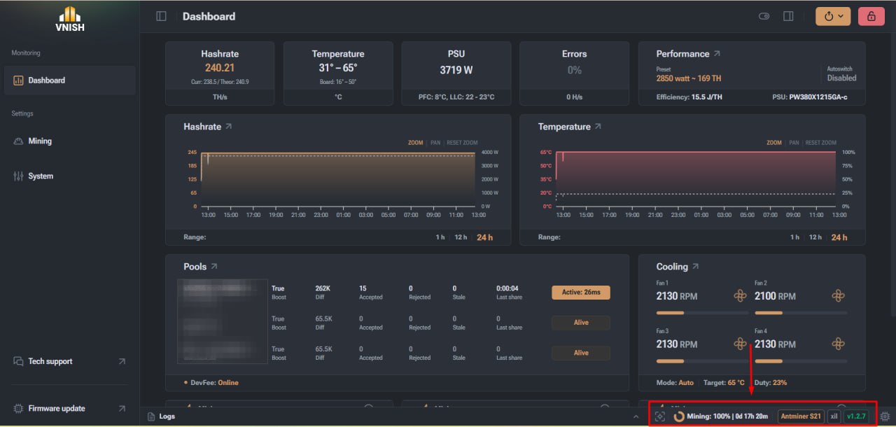 Status bar in the VNISH interface