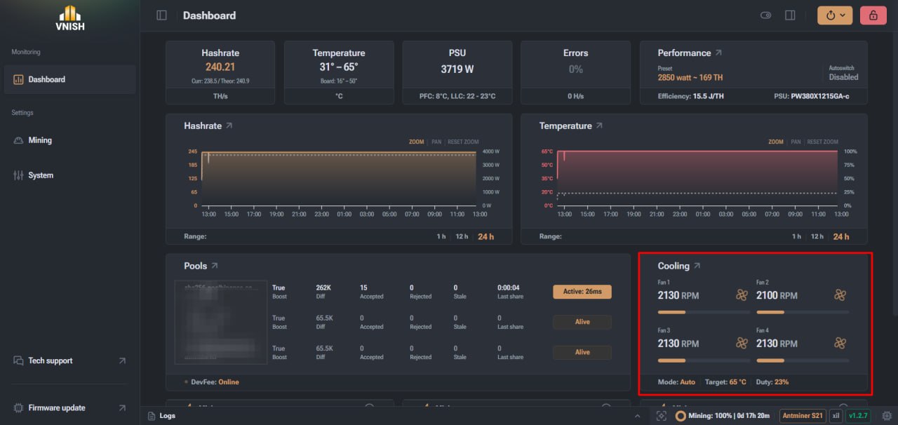 Miner cooling in the VNISH interface