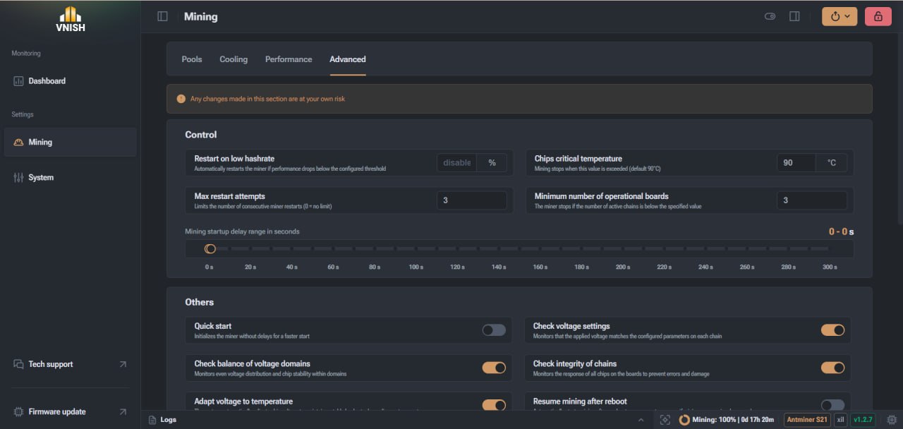 Раздел «Расширенные» в интерфейсе VNISH