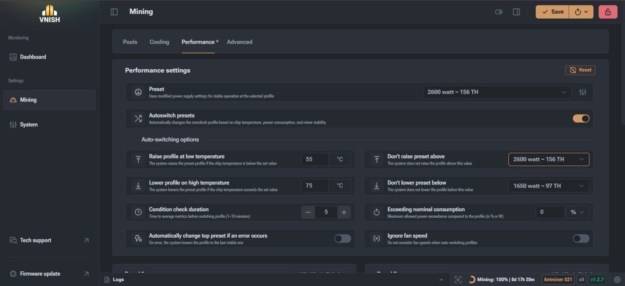 Глобальное напряжение и частота в интерфейсе VNISH