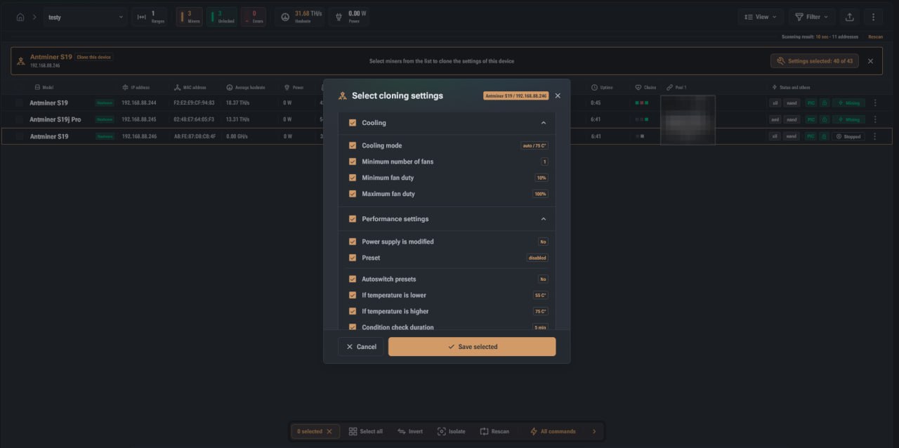 Клонирование настроек майнеров в HashCore Toolkit
