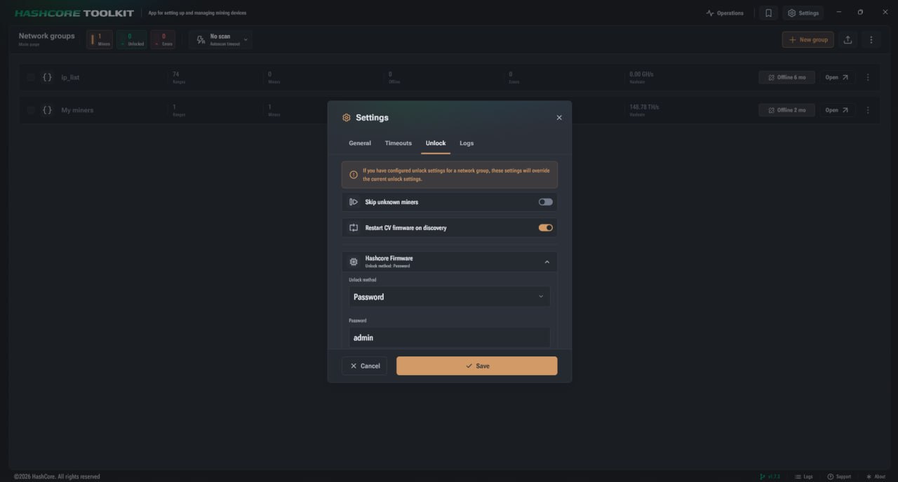 Ключові параметри на вкладці «Unlock» у HashCore Toolkit